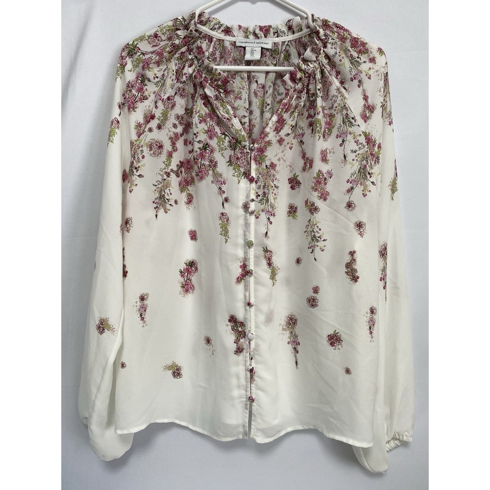 Cupcakes And Cashmere Women's Long Sleeve Sheer Floral Blouse White Pink Size  L